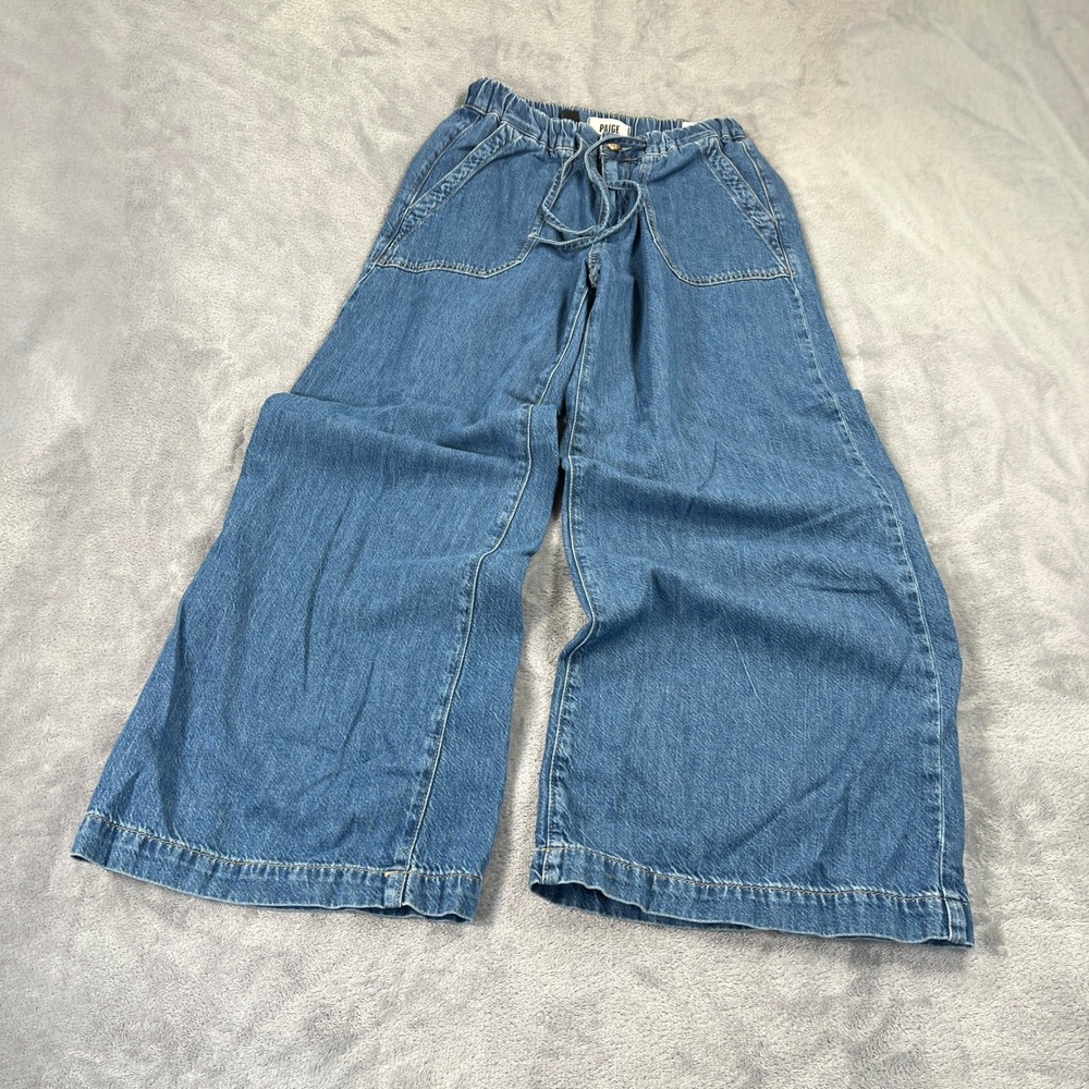 PAIGE Wide Leg Jeans Womens 26 Blue Petite Pull On Drawstring Denim Retails $259 - Picture 2 of 12
